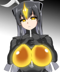  antennae black_hair bodysuit breasts commentary_request female large_breasts long_hair looking_at_viewer otoo_(izanagi) personification solo ultra_kaijuu_gijinka_keikaku ultra_series yellow_eyes zetton 