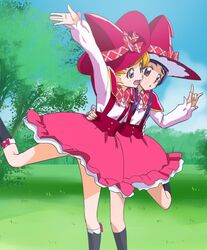  2girls \m/ arm_up asahina_mirai blonde_hair capelet haruyama_kazunori hat izayoi_liko leg_up long_hair magic_school_uniform mahou_girls_precure! multiple_girls open_mouth pink_skirt precure purple_eyes purple_hair school_uniform short_hair skirt socks standing standing_on_one_leg witch_hat 