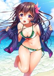  adapted_costume ass_visible_through_thighs barefoot bikini blue_sky blush breasts brown_eyes brown_hair cleavage cloud commentary_request crescent crescent_pin day female frilled_bikini frills hair_between_eyes hair_ornament jacket kantai_collection kisaragi_(kancolle) kisaragi_kai_ni_(kancolle) leaning_forward long_hair looking_at_viewer medium_breasts minami_(apricot_tea) navel ocean open_mouth outdoors running side-tie_bikini_bottom sky smile solo swimsuit teeth thigh_gap upper_teeth_only water white_bikini 