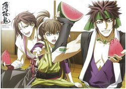  blue_eyes brown_hair green_eyes hakuouki_shinsengumi_kitan harada_sanosuke long_hair male_focus nagakura_shinpachi ponytail red_hair short_hair smile toudou_heisuke watermelon 