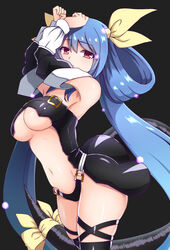  arms_up bare_shoulders black_panties black_thighhighs blue_hair breasts commentary_request detached_sleeves dizzy_(guilty_gear) female guilty_gear hair_ribbon hair_rings highres long_hair long_sleeves looking_at_viewer medium_breasts navel open_mouth panties red_eyes ribbon solo tail tail_ornament tail_ribbon thighhighs thighs twintails underboob underwear very_long_hair yellow_ribbon zetsuei_(zetto) 