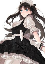  black_bow black_hair blue_eyes bow breasts dress fate/stay_night fate_(series) female frilled_dress frilled_shirt frills highres long_hair maid maid_headdress medium_breasts pantyhose shirt solo tohsaka_rin white_background white_bow white_pantyhose yaoshi_jun 