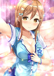  arm_up blue_bow blue_skirt blush bow breasts brown_eyes cleavage closed_mouth clothes_writing collarbone collared_shirt commentary_request copyright_name female hair_between_eyes hair_ornament hairbow heart heart-shaped_pupils kunikida_hanamaru large_breasts light_brown_hair long_hair love_live! love_live!_sunshine!! morerin outstretched_arm photoshop_(medium) pleated_skirt reaching reaching_towards_viewer selfie shirt short_sleeves skirt smile solo star_(symbol) star_hair_ornament sweater_vest symbol-shaped_pupils white_shirt 