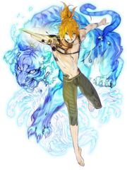  1boy arai_teruko aura full_body green_eyes looking_at_viewer male_focus official_art open_mouth orange_hair sword tiger topless_male touken_ranbu transparent_background urashima_kotetsu urashima_kotetsu_(kiwame) wakizashi weapon 