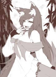  animal_ears bamboo bamboo_forest breasts brooch cleavage commentary_request cube85 dress female fingernails forest highres imaizumi_kagerou jewelry large_breasts long_fingernails long_hair long_sleeves looking_at_viewer monochrome nature night open_mouth outdoors solo tail touhou wide_sleeves wolf_ears wolf_tail 