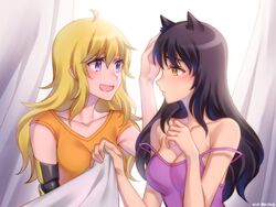  2girls ahoge animal_ears artist_name black_hair blake_belladonna blanket blonde_hair breasts cat_ears cleavage commentary_request curtains hand_on_another&#039;s_head kio_rojine multiple_girls prosthesis prosthetic_arm purple_eyes rwby yang_xiao_long yellow_eyes yuri 