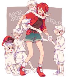  &gt;o&lt; 4boys ae-3803 aged_down baseball_cap belt black_shirt blush_stickers cabbie_hat carrying closed_mouth colored_skin commentary_request denim denim_shorts female finger_to_mouth full_body gloves grey_hair hair_over_eyes hat hataraku_saibou holding_hands jacket knee_pads multiple_boys myelocyte_(hataraku_saibou) no_pupils open_mouth piggyback red_belt red_blood_cell_(hataraku_saibou) red_footwear red_hair red_jacket romaji_text shirt shoes short_hair short_shorts shorts simple_background socks standing sweatdrop syu_(no1zerg) t-shirt u-1146 u-2048 u-2626 u-4989 unworn_hat unworn_headwear white_footwear white_gloves white_shirt white_skin yellow_eyes 