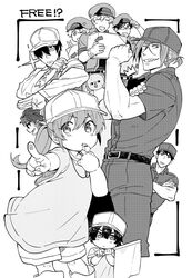  !? 6+boys aged_down bird blowing blush box cabbie_hat closed_mouth copyright_name cosplay crossed_arms female fish flag free! greyscale hair_over_one_eye hat hataraku_saibou hazuki_nagisa helper_t_(hataraku_saibou) high_speed! holding iwatobi-chan jacket killer_t_(hataraku_saibou) killer_t_(hataraku_saibou)_(cosplay) kirishima_ikuya lolicon long_hair maru_nage matsuoka_gou matsuoka_rin monochrome multiple_boys nanase_haruka_(free!) platelet_(hataraku_saibou) platelet_(hataraku_saibou)_(cosplay) pointing pointing_at_viewer red_blood_cell_(hataraku_saibou) ryuugazaki_rei shorts tachibana_makoto toono_hiyori u-1146 u-1146_(cosplay) uniform whistle white_blood_cell_(hataraku_saibou) yamazaki_sousuke 