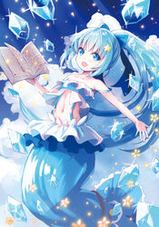  :d blue_background blue_bow blue_bra blue_eyes blue_hair blue_skirt blue_theme book bow bra commentary_request female flower_knight_girl hair_ornament hairbow high_ponytail holding holding_book ice kusumoto_miya long_hair looking_at_viewer midriff navel nerine_(flower_knight_girl) open_mouth ponytail skirt smile solo sparkle star_(symbol) star_hair_ornament strap_slip underwear 