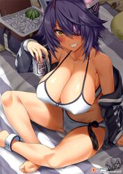  alcohol anklet arm_support bad_id bad_twitter_id bare_shoulders barefoot beach_towel beer beer_can bikini blanket blush bottle breasts cameltoe can cleavage collarbone commentary_request condensation cooler covered_nipples crossed_legs crushed_can darkmaya day drink_can eyepatch female food from_above fruit graboid grin halterneck hand_up headgear holding holding_can huge_breasts ice jewelry kantai_collection long_sleeves looking_at_viewer melon nail_polish off-shoulder_sweater off_shoulder official_alternate_costume outdoors parted_lips patreon_logo purple_hair red_nails sagging_breasts sand shade short_hair sitting smile soda_can solo sweat sweater swimsuit tenryuu_(kancolle) tenryuu_(swimsuit_mode)_(kancolle) towel tremors watermark watermelon web_address white_bikini yellow_eyes 