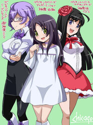  3girls ahoge artist_name black_hair blue_eyes boots breasts chicago-x choker covered_nipples digimon digimon_savers digimon_universe:_appli_monsters digimon_world_re:digitize dress flower glasses hair_flower hair_ornament idol kagura_yuma kagurazaka_izumi large_breasts light_purple_hair long_hair medium_breasts mikagura_mirei multiple_girls open_mouth pantyhose purple_eyes red_flower red_rose red_skirt rose sawashiro_miyuki skirt smile translation_request voice_actor_connection white_dress white_footwear yellow_eyes 