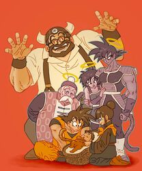  2girls 5boys 6rocoli :d ^_^ aged_down armor arms_behind_back baby bardock basket beard black_hair boots broken_armor chi-chi_(dragon_ball) chinese_clothes closed_eyes commentary_request couple crossed_legs dougi dragon_ball dragon_ball_(classic) dragon_ball_minus dragon_ball_super dragon_ball_super_broly dragon_ball_z earrings facial_hair family father_and_daughter father_and_son full_body gine glasses grandfather_and_grandson grandmother_and_grandson grandpa_gohan gyuu_mao halo hands_up happy hat height_difference highres horns jewelry kneeling long_sleeves looking_at_another looking_down mother-in-law_and_daughter-in-law mother_and_son moustache multiple_boys multiple_girls open_mouth profile red_background saiyan_armor seiza shadow short_hair simple_background sitting sleeping smile son_gohan son_goku standing straight suspenders tail teeth tied_hair wide_sleeves 