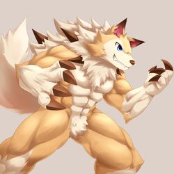  1:1 2016 4_fingers abs anthro anthrofied arm_tuft belly biceps big_muscles blue_eyes brown_body brown_claws brown_fur brown_nose canid canine cheek_tuft claws crotch_tuft elbow_tuft facial_tuft fangs featureless_crotch fingers fluffy fluffy_tail fur generation_7_pokemon gloves_(marking) grey_background hi_res inner_ear_fluff leg_markings lycanroc male mammal markings midday_lycanroc multicolored_body multicolored_fur muscular muscular_anthro muscular_male naturally_censored nintendo nude pecs pokemon pokemon_(species) portrait pose rann sharp_teeth simple_background smile snout socks_(marking) solo standing tail tan_body tan_fur teeth three-quarter_portrait tuft white_belly white_body white_fur white_tail 