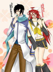  black_hair crossover glasses green_eyes grell_sutcliffe hairpins heart jacket kuroshitsuji long_hair nail_polish pants red_eyes red_hair ribbon scarf sebastian_michaelis seifuku short_hair shorts smile tongue vocaloid wink yaoi 