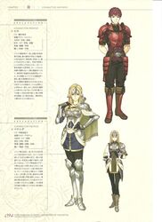  1boy 2girls armor belt blonde_hair breastplate brown_eyes cape character_profile fire_emblem fire_emblem_echoes:_shadows_of_valentia full_body gloves helmet hidari_(left_side) highres long_hair lukas_(fire_emblem) mathilda_(fire_emblem) multiple_girls official_art red_eyes red_hair smile 