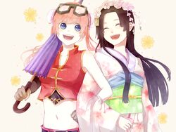  2girls arm_holding bangs bare_arms black_hair blue_eyes bun_cover closed_eyes closed_umbrella double_buns eyewear_on_head female flower gintama goggle hair_bun hair_flower hair_ornament happy hime_cut holding holding_umbrella japanese_clothes kagura_(gintama) kimono long_hair long_sleeves midriff multiple_girls navel obi open_mouth orange_hair oriental_umbrella purple_umbrella sash smile teeth tokugawa_soyo umbrella wide_sleeves 