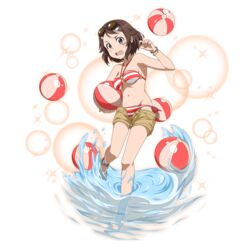  anklet augma ball bare_legs barefoot beachball bikini black_eyes bracelet breasts brown_hair brown_shorts cleavage collarbone eyewear_on_head female halterneck highres holding holding_ball jewelry leg_up lisbeth_(sao) looking_at_viewer medium_breasts navel open_clothes open_mouth open_shorts red_bikini shinozaki_rika_(sao) short_hair short_shorts shorts side-tie_bikini_bottom sideboob solo standing standing_on_one_leg striped_bikini striped_clothes swimsuit sword_art_online sword_art_online_the_movie:_ordinal_scale transparent_background 