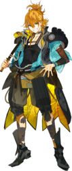  1boy animal animal_on_shoulder arai_teruko armor full_body green_eyes grin japanese_armor japanese_clothes kamekichi looking_at_viewer male_focus official_art orange_hair sheath sheathed smile sword touken_ranbu transparent_background turtle urashima_kotetsu urashima_kotetsu_(kiwame) wakizashi weapon 