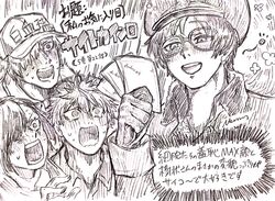  3boys b_cell_(hataraku_saibou) backwards_hat bad_id bad_twitter_id baseball_cap blush coat dendritic_cell_(hataraku_saibou) female glasses gloves graphite_(medium) hat hataraku_saibou mero_toron multiple_boys nk_cell_(hataraku_saibou) open_mouth photo_(object) smile surprised sweat traditional_media u-1146 uniform white_blood_cell_(hataraku_saibou) 