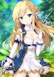  azur_lane blonde_hair breasts bridal_gauntlets cleavage coat commentary day detached_collar elbow_gloves female feng_mao_mc fingerless_gloves forbin_(azur_lane) forest gloves green_eyes hair_bun highres long_hair nature outdoors saber_(weapon) single_hair_bun skirt solo sword weapon 