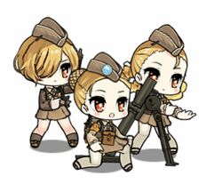  3girls ammunition animated animated blonde_hair blush_stickers firing girls&#039;_frontline hair_over_one_eye hat kneeling lowres m2_(girls&#039;_frontline) military military_hat military_uniform mortar_(weapon) mortar_shell multiple_girls radio red_eyes skirt socks su_xiao_jei thighhighs uniform 