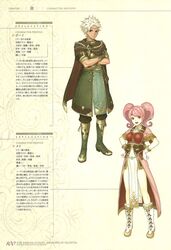  1boy armor boey_(fire_emblem) breastplate brown_eyes cape character_profile circlet dark-skinned_male dark_skin dress female fire_emblem fire_emblem_echoes:_shadows_of_valentia full_body gloves hidari_(left_side) highres long_hair mae_(fire_emblem) official_art open_mouth pink_hair red_eyes scan smile tabard twintails white_hair 