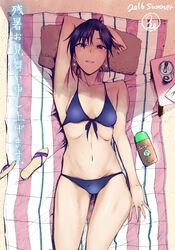  3e armpits artist_name bags_under_eyes beach_towel beer_can bikini black_eyes black_hair blue_bikini blush breasts can commentary_request dated drink_can earrings feet_out_of_frame female from_above idolmaster idolmaster_(classic) jewelry kisaragi_chigusa lotion lying mature_female navel on_back parted_lips photoshop_(medium) pillow sandals shoes signature small_breasts smile solo sunscreen swimsuit towel unworn_sandals zanshomimai 