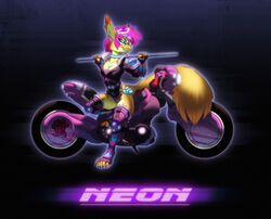  armor big_ears bikini cjk_character claws clothing collar cyber_(disambiguation) ear_piercing eyewear fanny_pack female fluffy fluffy_ears fluffy_tail fur gauntlets gloves glowing goggles hair handwear leggings legwear leotard lights long_tail mammal motorcycle neon piercing pink_claws pink_hair reaganlodge rodent sciurid shoulder_pads simple_background sitting smile smirk solo staff swimwear tail toe_claws tree_squirrel unzipped vehicle yellow_body yellow_fur zipper 