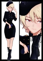  bag beret black_dress black_footwear black_hat blonde_hair blue_eyes boots bracelet braid casual closed_mouth commentary_request cross-laced_footwear darjeeling_(girls_und_panzer) dress epaulettes female formal girls_und_panzer handbag hat holding jewelry lace-up_boots light_smile long_sleeves looking_at_viewer medium_dress mityubi multiple_views short_hair standing tied_hair twin_braids 