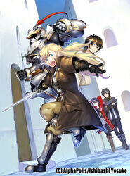  2boys 2girls alucia_(spirit_migration) armor artist_name black_hair blonde_hair brown_hair commentary_request full_armor hair_ornament hairclip ikai_no_majutsushi ishibashi_yosuke kou_(spirit_migration) long_hair multiple_boys multiple_girls official_art pantyhose purple_hair short_hair spirit_migration sword tagami_yuusuke tsuzuki_sakuya weapon world_customize_creator 