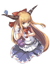  absurdres belt bow brown_eyes brown_hair chains clenched_hand commentary_request female fps gourd hand_on_own_arm hand_up highres horn_bow horn_ornament horn_ribbon horns ibuki_suika long_hair looking_to_the_side looking_up open_mouth photoshop_(medium) purple_skirt ribbon ribbon-trimmed_skirt ribbon_trim serious shirt simple_background skirt sleeveless sleeveless_shirt solo torn_clothes torn_sleeves touhou upper_body very_long_hair white_background white_shirt wrist_cuffs 