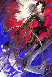  2boys agni_gandiva arjuna_(fate) armlet armor battle bishounen black_bodysuit blue_eyes bodysuit bow_(weapon) commentary_request earrings egawa_akira fate/grand_order fate_(series) flower heterochromia highres holding holding_bow_(weapon) holding_polearm holding_weapon jewelry karna_(fate) looking_at_another male_focus multiple_boys pants polearm red_eyes shoes spear spikes vasavi_shakti_(fate) weapon white_footwear white_hair white_pants 