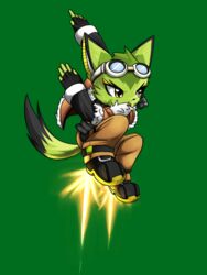  2017 3:4 anthro clothed clothing corazon_tea eyewear felid feline felis female fingerless_gloves freedom_planet galaxytrail gloves goggles green_background handwear kenjikanzaki05 mammal simple_background solo wildcat yellow_eyes 