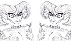  big_breasts big_horn black_and_white breasts demon ezria female horn humanoid line_art long_ears monochrome runhurd scales xelthia 