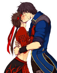  black_hair blush brown_hair couple gloves hairband hug jacket kissing long_hair masamune_date ponytail sanada_yukimura sengoku_basara short_hair skirt smile sweatdrop uniform yaoi 