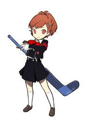  absurdres commentary_request digital_media_player female gekkoukan_high_school_uniform hanosuke headphones highres hockey_stick official_style persona persona_3 persona_3_portable persona_q2:_new_cinema_labyrinth persona_q_(series) red_eyes red_hair school_uniform shiomi_kotone solo 