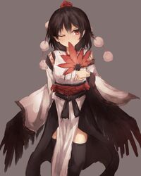  black_hair black_thighhighs black_wings commentary_request cowboy_shot detached_sleeves female grey_background hair_between_eyes hand_fan hat hauchiwa highres kourindou_tengu_costume one_eye_closed pelvic_curtain pointy_ears pom_pom_(clothes) red_eyes red_hat ribbon_trim sash shameimaru_aya short_hair solo standing thighhighs thkani tokin_hat touhou wide_sleeves wings 