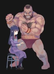  1boy beard black_background black_hair black_legwear blue_eyes brown_footwear brown_hair chest_hair clenched_hand clenched_teeth commentary_request dress facial_hair female hands_up high_score_girl highres invisible_object long_sleeves looking_at_viewer mohawk muscular oono_akira pantyhose purple_dress red_eyes red_ribbon ribbon scar sidelocks sitting street_fighter teeth urayamashiro_(artist) wristband zangief 