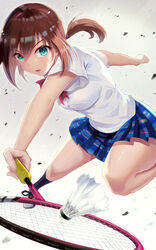  badminton badminton_racket blue_skirt bow brown_hair collared_shirt commentary_request dress_shirt female green_eyes hair_between_eyes hanebado! hanesaki_ayano highres holding holding_racket kneehighs l.bou left-handed long_hair looking_at_viewer miniskirt open_mouth photoshop_(medium) pleated_skirt ponytail racket red_bow school_uniform shirt short_sleeves skirt socks solo sweat uniform white_shirt 