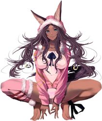  animal_ears ankle_ribbon barefoot chef_no_kimagure_salad collarbone commentary_request cosplay dark-skinned_female dark_skin detached_pants fate/grand_order fate_(series) female fur_trim green_eyes highres hood hoodie ishtar_(fate) ishtar_(swimsuit_rider)_(fate) ishtar_(swimsuit_rider)_(fate)_(cosplay) leg_ribbon long_hair purple_hair queen_of_sheba_(fate) ribbon simple_background solo squatting white_background 