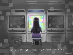  arcade_cabinet artist_name black_footwear black_hair chair commentary_request dress facing_away female grey_background high_score_girl indoors long_sleeves miso-234 oono_akira playing_games purple_dress sitting solo 