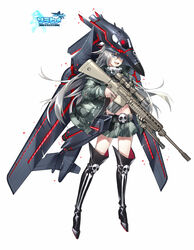  :d ace_virgin aircraft airplane ar-10 b-1_(ace_virgin) b-1_lancer battle_rifle belt black_footwear blue_eyes boots camouflage camouflage_jacket camouflage_skirt commentary_request copyright_name female finger_on_trigger full_body grey_hair gun hair_between_eyes helmet high_heel_boots high_heels highres holding holding_gun holding_weapon jacket kangetsu_(fhalei) knee_boots logo long_hair long_sleeves looking_at_viewer machinery mecha_musume midriff muzzle_device navel open_mouth pleated_skirt rifle scope skirt skull smile solo standing very_long_hair weapon white_background 