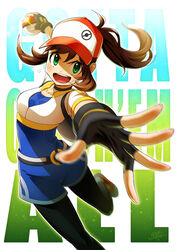  &gt;:) :o backpack bad_id bad_pixiv_id bag baseball_cap belt black_leggings blurry blush brown_hair choker cropped_jacket depth_of_field english_text female female_protagonist_(pokemon_go) fingerless_gloves glint gloves green_eyes hat holding holding_poke_ball leg_up leggings long_hair looking_at_viewer open_mouth poke_ball pokemon pokemon_go ponytail sakuma_sanosuke shoes signature smile sneakers solo sparkling_eyes sweat throwing throwing_poke_ball v-shaped_eyebrows 