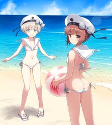  2girls :d alternate_costume ass ball beach beachball bikini blue_eyes brown_eyes brown_hair butt_crack cloud commentary_request cosplay day grey_hair hat hyuuga_takashi kantai_collection looking_at_viewer looking_back lowleg lowleg_bikini matching_outfits multiple_girls ocean open_mouth outdoors sailor_bikini sailor_collar sandals short_hair smile standing swimsuit white_bikini white_hat white_sailor_collar z1_leberecht_maass_(kancolle) z3_max_schultz_(kancolle) z3_max_schultz_(kancolle)_(cosplay) z3_max_schultz_(swimsuit_mode)_(kancolle) 