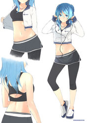  alternate_costume back black_legwear blue_eyes blue_hair breasts casual cleavage cropped_jacket double_bun earbuds earphones female from_behind head_out_of_frame heart heart_necklace highres hood hooded_jacket jacket kantai_collection leggings long_hair long_sleeves looking_at_viewer midriff multiple_views myuto_(advent_retribution) navel open_clothes open_jacket shoes shorts sleeves_past_wrists smile sneakers sports_bra standing twitter_username urakaze_(kantai_collection) white_background 