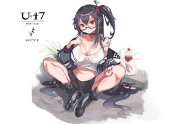  absurdres azur_lane baggy_clothes bike_shorts black-framed_eyewear black_hair black_shorts black_socks breasts character_name choker cross cross_choker dated female glasses highres iparupua large_breasts long_hair looking_at_viewer midriff official_alternate_costume red_eyes semi-rimless_eyewear shorts simple_background sitting socks solo tank_top u-47_(azur_lane) u-47_(rookie_rider)_(azur_lane) untied_shoe very_long_hair white_background 