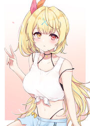  absurdres ahoge bare_shoulders black_choker blonde_hair blunt_bangs blush breasts choker collarbone commentary female hair_ornament hair_ribbon hand_up heart heterochromia highres hoshikawa_sara hoshikawa_sara_(1st_costume) large_breasts long_hair looking_at_viewer midriff navel nijisanji parted_lips red_eyes ribbon side_ponytail solo v virtual_youtuber x_hair_ornament yellow_eyes zky_(oekaky) 