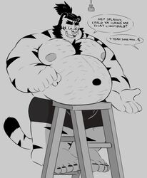  5_fingers 5_toes anthro belly belly_on_ladder_meme big_belly black_hair black_stripes chest_tuft clothed clothing dialogue english_text facial_hair facial_piercing feet felid fingers fist greyscale hair hair_bun hi_res ladder looking_down male mammal manbun monochrome musclegut muscular muscular_anthro muscular_male navel nipples nose_piercing nose_ring offscreen_character open_mouth overweight overweight_anthro overweight_male pantherine pecs piercing ring_piercing shirtless sideburns solo speech_bubble splashburr standing stripes teeth text tiger toes topless tuft underwear 