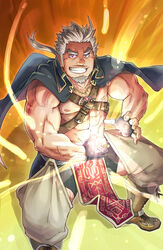  1boy abs aura bara black_shorts brown_pants character_request chest_belt copyright_request crotchless crotchless_pants facial_hair feet_out_of_frame forked_eyebrows goatee grey_hair grin jacket jacket_on_shoulders long_sideburns looking_at_viewer male_focus mature_male muscular muscular_male nipples original pants pectorals pelvic_curtain ponytail short_hair shorts sideburns sidepec smile solo suv_(suv032) thick_eyebrows thighs wind 