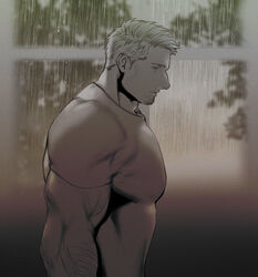  1boy arm_hair bara brown_theme facial_hair from_side goatee large_pectorals male_focus mature_male monochrome muscular muscular_male original pectorals rain shirt short_hair sideburns solo tarowo window 